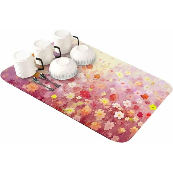 Orange Spring Floral Dish Drying Mat for Kitchen Counter, Super Absorbent Quick Dry Coffee Bar Mat Pad Thin Diatomaceous Sink Mat Non Slip Dish Drainer Mat 16x18 Summer Daisy Botanical Oil Painting