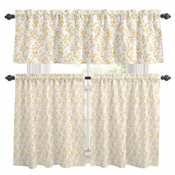 Orange Spring Floral Kitchen Curtains Sets for Windows 24 Inch Length, Summer Botanical Watercolor Rod Pocket Window Treatments Tier Curtains and Valances Set for Bedroom/Bathroom