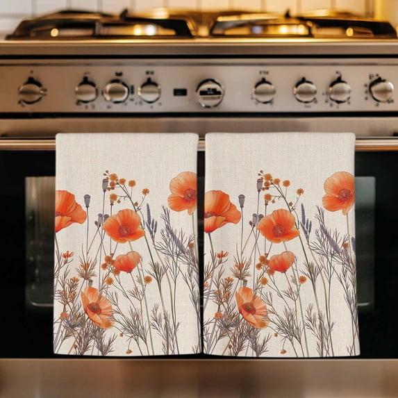 Orange Spring Floral Kitchen Towels Set of 4, Watercolor Farmhouse Botanical Absorbent Dish Towels for Kitchen, Microfiber Hand Towel, Quick Drying Tea Towel for Cleaning Decorative Dishcloths