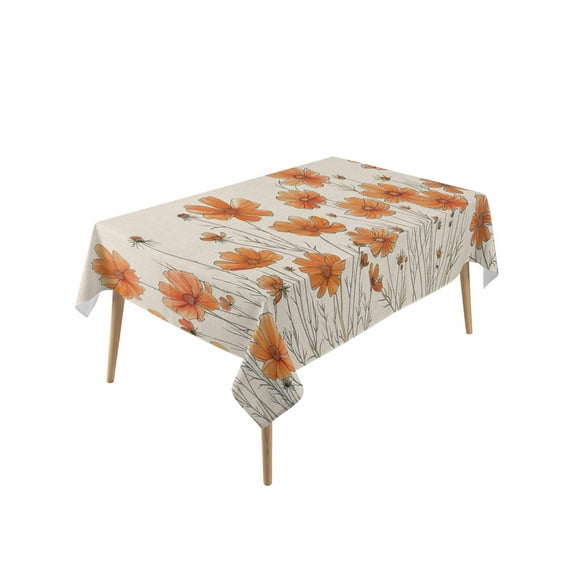 Orange Spring Floral Rectangle Tablecloth, Summer Botanical Rustic Daisy Waterproof & StainResistant Tablecloth, Washable Oil-proof Table Cover for Dining/Party/Wedding/Camping/Buffet 60x120 In