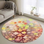 Orange Spring Floral Round Area Rug 3.3 FT, Non Slip Small Entryway Kitchen Mat, Modern Oil Painted Daisy Botanical Washable Soft Circular Rug Non-Shedding Door Mat for Bathroom Playroom Kids Room