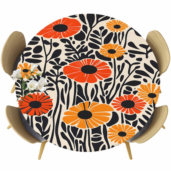 Orange Spring Floral Round Tablecloth 36-44 Inch Round Fitted Table Cloth with Elastic Edge, Black Botanical Summer Leaf Waterproof Table Cover Protector for Outdoor Picnic Party Dining