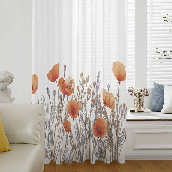 Orange Spring Floral Semi Sheer Curtains Drapes for Living Room, Bedroom, French Doors Window 108 Inches Long, Watercolor Summer Botanical Rod Pocket Chiffon Curtain Drapery Voile Draperies Panel