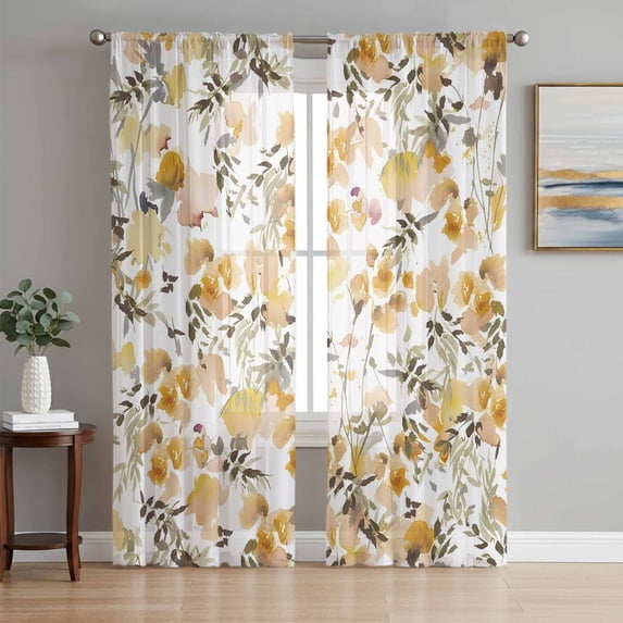 Orange Spring Floral Sheer Curtains 63 Inch Length 2 Panels Set, Watercolor Blooming Botanical Summer Voile Window Treatment Curtains Sheers Drapes for Bedroom/Living Room/Kitchen 52x"63"x2