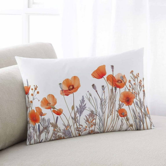 Orange Spring Floral Small Pillow Covers, Watercolor Summer Botanical Soft Breathable Throw Pillow Cases with Invisible Zipper, Decorative Pillowcase Pillows Protectors for Sofa Bed Chair 12"x20"