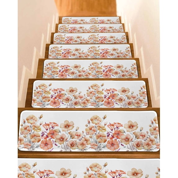 Orange Spring Floral Stair Treads for Wooden Steps Indoor Runner Rug Carpet, Summer Botanical Watercolor Flower 4 Pieces Peel and Stick Staircase Step Treads Covers Washable Throw Door Mats, 30"x8"