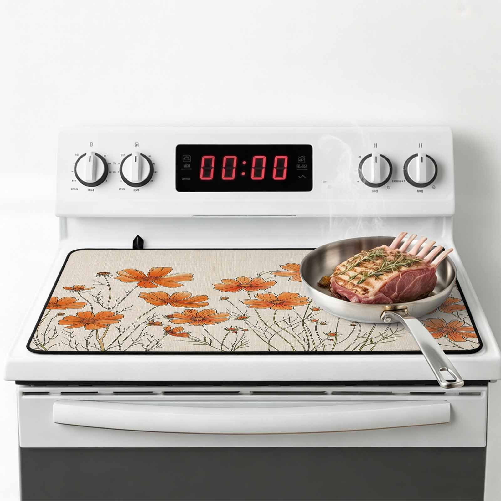 Orange Spring Floral Stove Top Cover for Electric Stove, Heat-proof & Non Slip Glass Top Stove Cover Protector, Summer Botanical Rustic Daisy Kitchen Flat Cooktop Rubber Mat 28.5x20.5 Inches