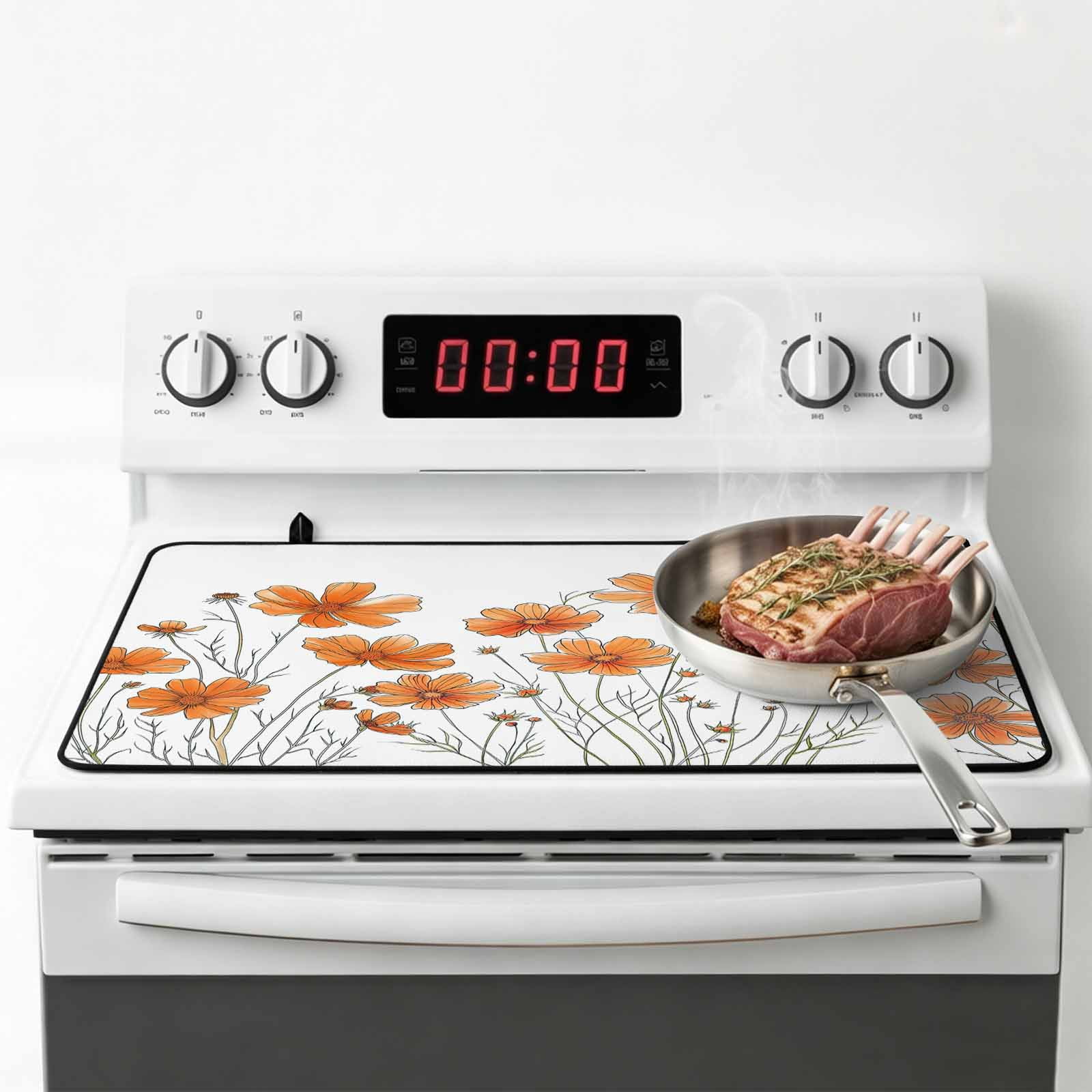 Orange Spring Floral Stove Top Cover for Electric Stove, Heat-proof & Non Slip Glass Top Stove Cover Protector, Summer Botanical Watercolor Daisy Kitchen Flat Cooktop Rubber Mat 24x21 Inches