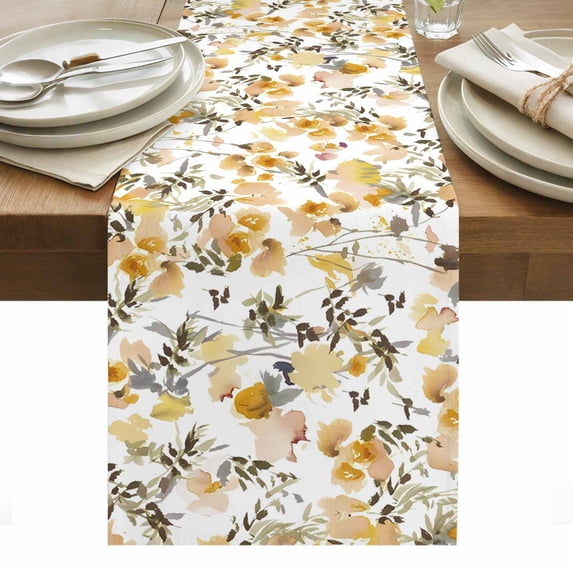 Orange Spring Floral Table Runner - 70 Inch Long, Kitchen Dining Table Runner Dresser Scarves, Watercolor Blooming Botanical Summer Farmhouse Decor for Coffee Tables Wedding Party Banquet