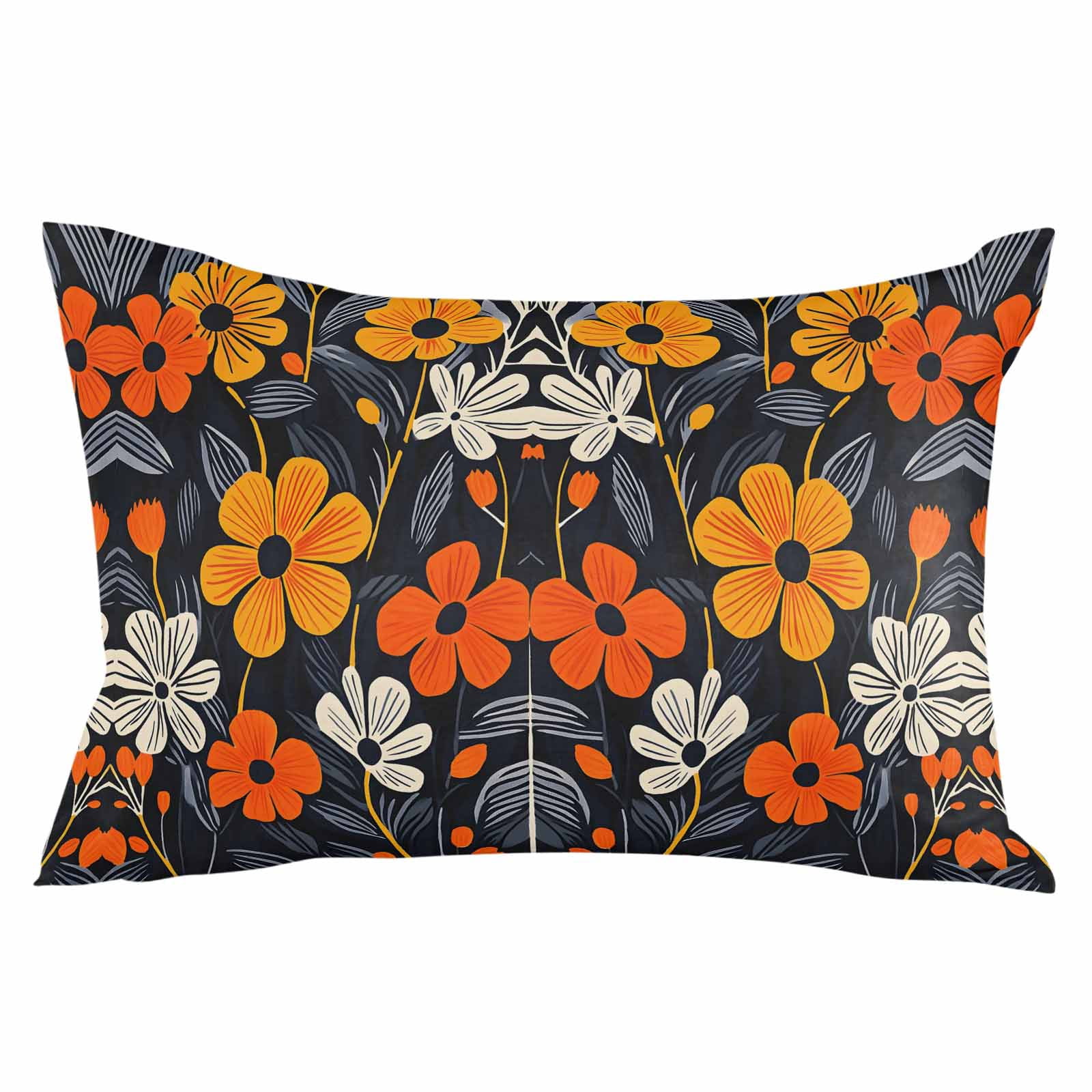 Orange Spring Floral Throw Pillow Cover 24 x 36 Inch Decorative Pillow Cover Black Summer Botanical Leaf Lumbar Pillowcase Seasonal Rectangle Cushion Case for Couch Sofa Bed Living Room