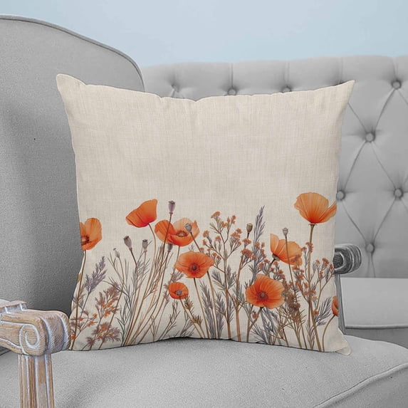 Orange Spring Floral Throw Pillow Covers, Soft Pillowcases with Invisible Zipper, Watercolor Farmhouse Botanical Decorative Square Pillow Cushion Covers for Living Room Couch Sofa Bed 20x20 Inches