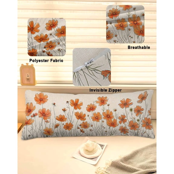 Orange Spring Floral Throw Pillow Covers, Summer Botanical Rustic Daisy Soft Breathable Pillow Cases with Invisible Zipper for Sleeping, Long Body Pillowcases for Couch Bed Sofa Chair 20x60 Inches