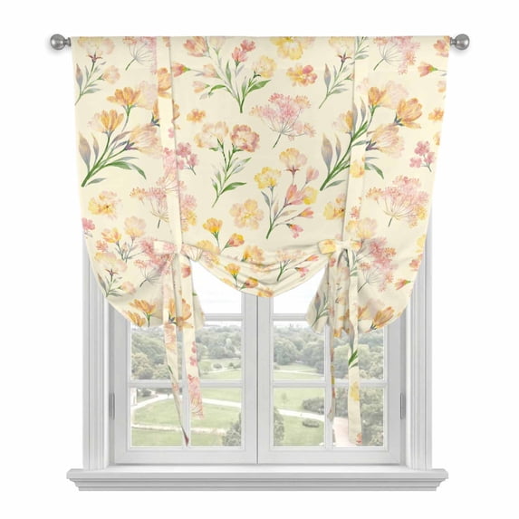 Orange Spring Floral Tie Up Curtains for Windows, Balloon Window Shades, Green Botanical Wildflower Blossoms Kitchen Window Treatments Roll Up Curtain for Basement/Nursery 52"x45"