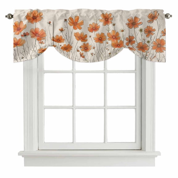 Orange Spring Floral Tie Up Valance Curtains for Windows, Kitchen Curtains Window Shades, Summer Botanical Rustic Daisy Light Filtering Roman Curtain Valances for Bedroom/Bathroom/Cafe 42"x12"