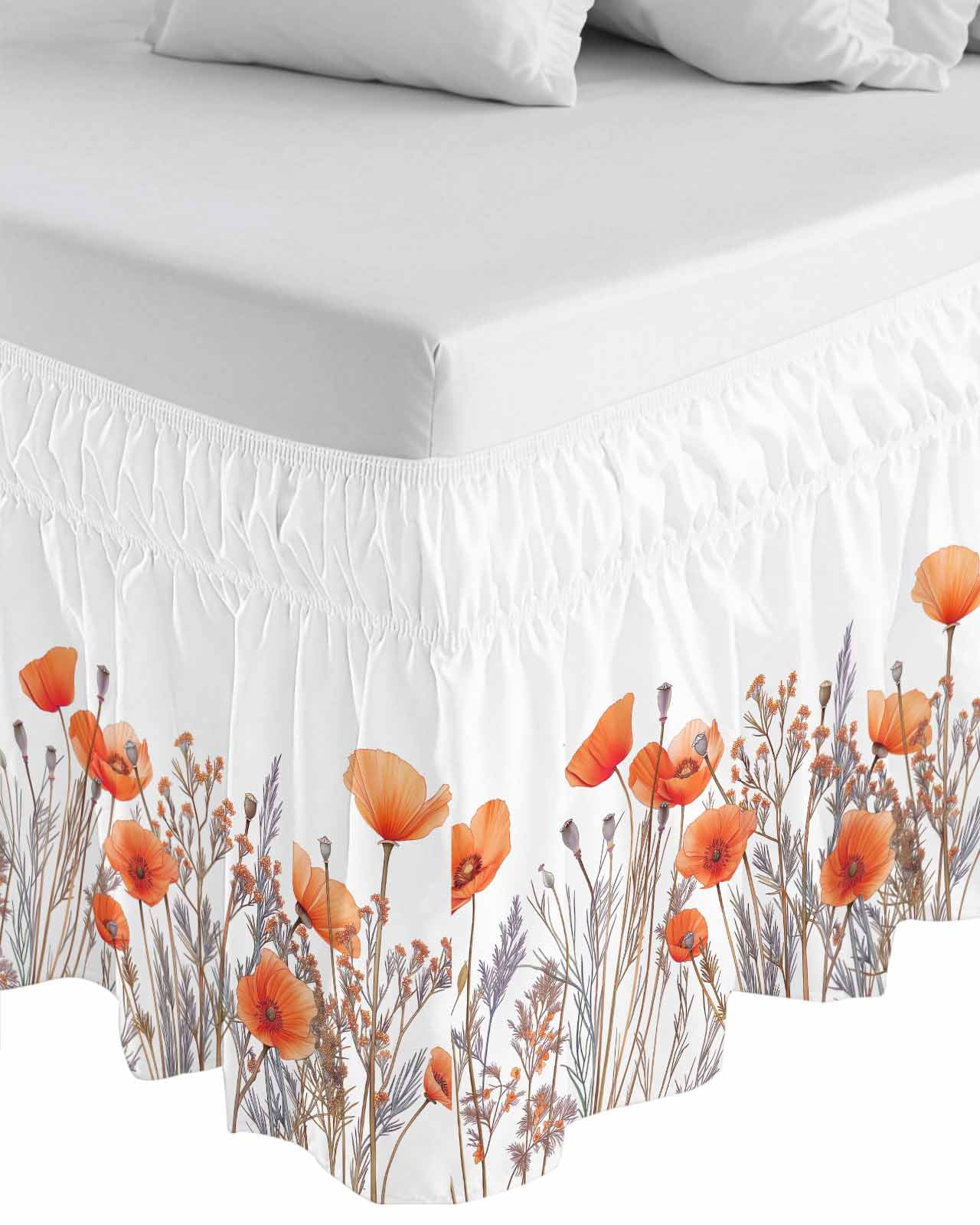 Orange Spring Floral Wrap Around Bed Skirts for Queen Bed 16" Drop, Bed Skirt with Adjustable Elastic Belt Dust Ruffle Bed Valance for Bedroom Hotel Luxury Watercolor Summer Botanical Bed Frame Cover