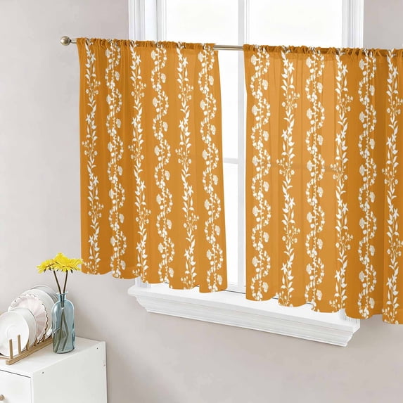 Orange Spring Leaves Sheer Curtains 45 Inch Length 2 Panels Set, Pastoral Botanical Striped Flowers Voile Window Treatment Rod Pocket Small Kitchen Curtains Drapes for Bedroom 52"x45"x2