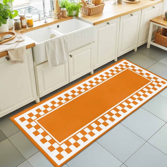 Orange Square Washable Runner Rugs 2'x6', Graphic Retro Yellow White Checkered Border Washable Runner Rug Non-Slip Sturdy Edge Binding Carpet for Bedside Hallway Runner Kitchen Galley