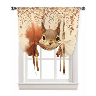 Orange Squirrel Fall Tie Up Curtains for Kitchen Bathroom Bedroom Windows 45 Inch Length, Thanksgiving Weeping Maple Leaf Balloon Drape Curtains Shade Rod Pocket Drapery Curtain Panel, 34"x45"