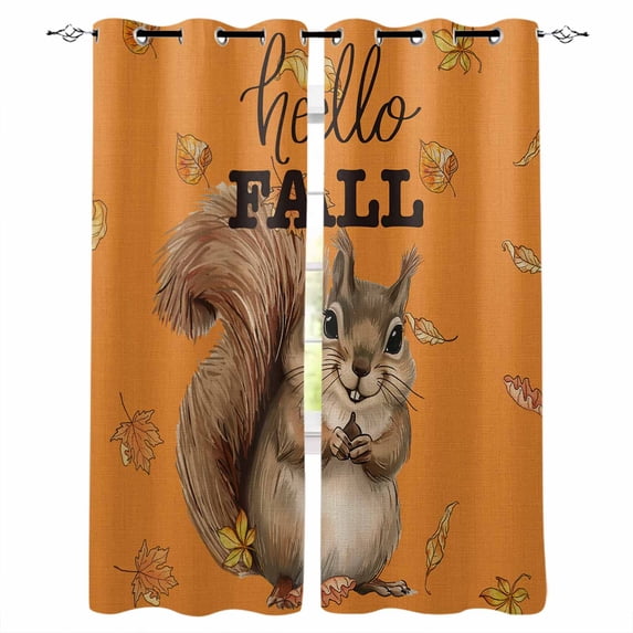 Orange Squirrel Hello Fall Blackout Curtains for Bedroom/Living Room, Thermal Insulated Kitchen Curtains, Maple Leaf Thanksgiving Grommet Darkening Window Treatment Drapes 52"x84"x2