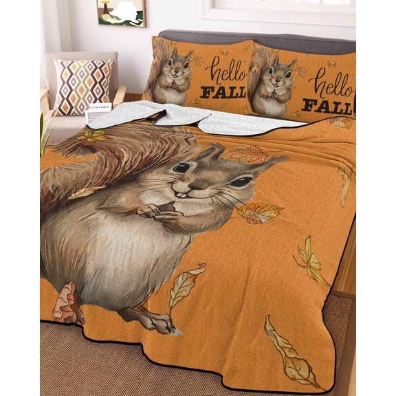 Orange Squirrel Hello Fall King Size Down Alternative Comforter, Lightweight Comforter Quilt Bedding Set with Pillow Shams Maple Leaf Thanksgiving All Seasons Bed Comforter Duvet Insert 96"x106"