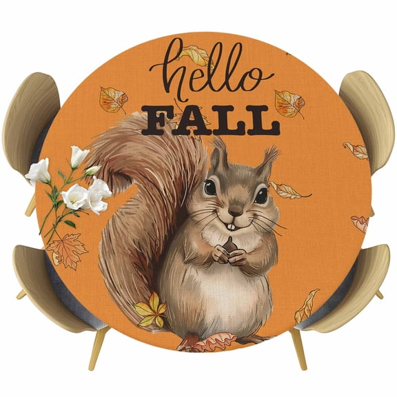 Orange Squirrel Hello Fall Table Cloth, Round Fitted Tablecloths with Elastic Edge, Maple Leaf Thanksgiving Wipeable Waterproof Table Cover for Kitchen Wedding 36-44 Inches