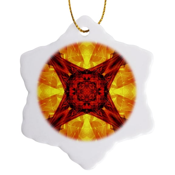 3drose, Orange Star - Abstract Graphic Design of Glass like Illuminating Geometric Angles, 3 inch Snowflake Porcelain Ornament