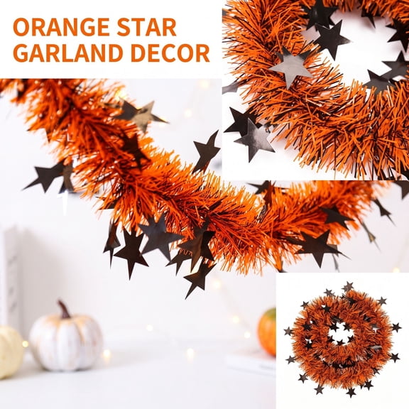 Orange Star Tassel Garland Halloween Decoration 78.7" Autumn Leaf Streamer with Black Stars,Festive Fall Party Decor for Indoor Outdoor Walls,Mantel,Front Door,Halloween Home Decor-orange