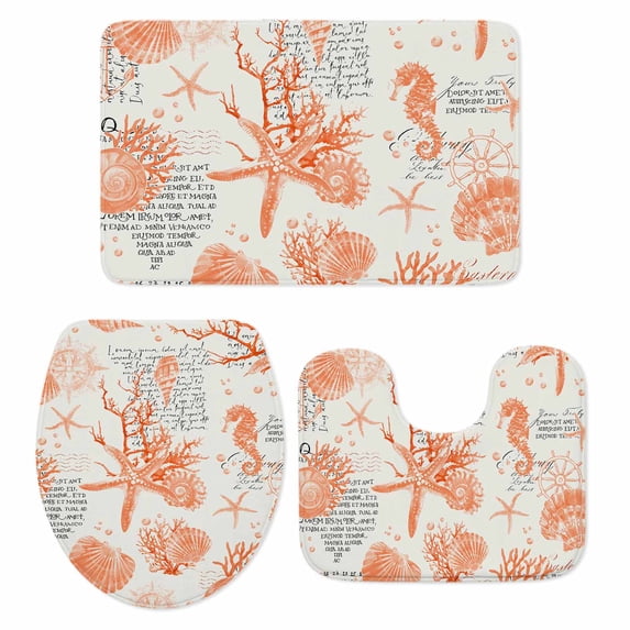 Orange Starfish Bath Mat 3 Piece Bathroom Rug Set, Rustic Ocean Coastal Shells Conch Coral Non Slip Bath Rug Contour Mat and Toilet Lid Cover, Absorbent Shower Mats Soft Bath Rugs and Mats Sets