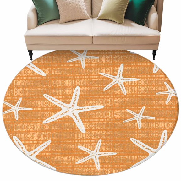 Orange Starfish Coastal Round Living Room Rugs 6 ft, Summer Beach Nautical Sea Ocean Washable Area Rug with Non-Slip Sturdy Edge Binding Round Carpet for Kitchen Office Bedroom