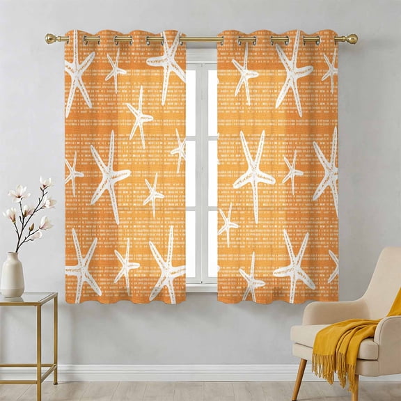 Orange Starfish Coastal Sheer Curtains 39 Inch Long 2 Panels, Summer Beach Nautical Sea Ocean Light Filtering Semi Sheer Drapes Grommet Voile Window Curtain for Living Bedroom W27.9 x L39