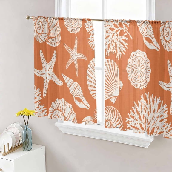 Orange Starfish Coastal Sheer Curtains 45 Inch Length 2 Panels Set, Shell Coral Summer Beach Nautical Ocean Voile Window Treatment Rod Pocket Small Kitchen Curtains Drapes for Bedroom 52"x45"x2