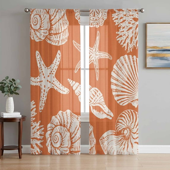 Orange Starfish Coastal Sheer Curtains 84 Inch Length 2 Panels Set, Shell Coral Summer Beach Nautical Ocean Voile Window Treatment Curtains Sheers Drapes for Bedroom/Living Room/Kitchen 52"x84"x2