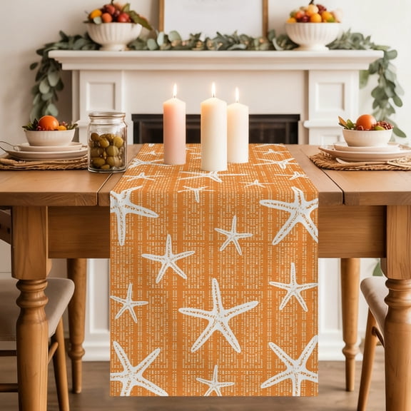 Orange Starfish Coastal Table Runner 13x48 Inch Summer Beach Nautical Sea Ocean Cotton Linen Dining Table Runner Ideal for Dresser Kitchen Coffee Tables - Machine Washable