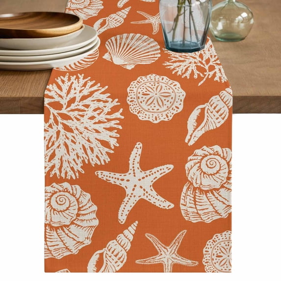 Orange Starfish Coastal Table Runner 72 Inches, Shell Coral Summer Beach Nautical Ocean Bed Runner Dresser Scarves Tabletop for Indoor Outdoor Parties/Ceremony/Banquet, 16" x 72"