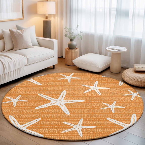 Orange Starfish Coastal Washable Round Area Rug 3 ft, Summer Beach Nautical Sea Ocean Soft Non Slip Rugs Stain Repellent Indoor Felt Carpet for Living Dining Room Bedroom Home Office