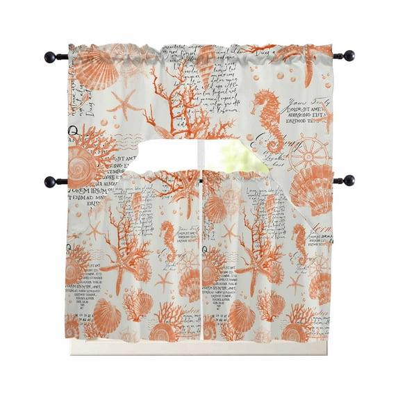 Orange Starfish Kitchen Curtains Swag Valance and Tier Curtains Set 36 Inch Length, Rustic Ocean Coastal Shells Conch Coral Rod Pocket Drape Panels Pair Swag Curtain for Bathroom/Cafe/Window