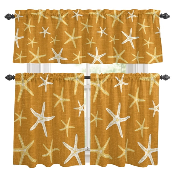 Orange Starfish Kitchen Curtains Valances 3 Piece Set, Cluster Tropical Sunset Coastal Fire Orange Rod Pocket Tier Curtain and Valance Drapes for Small Window 24 Inch Length for Bedroom Cafe