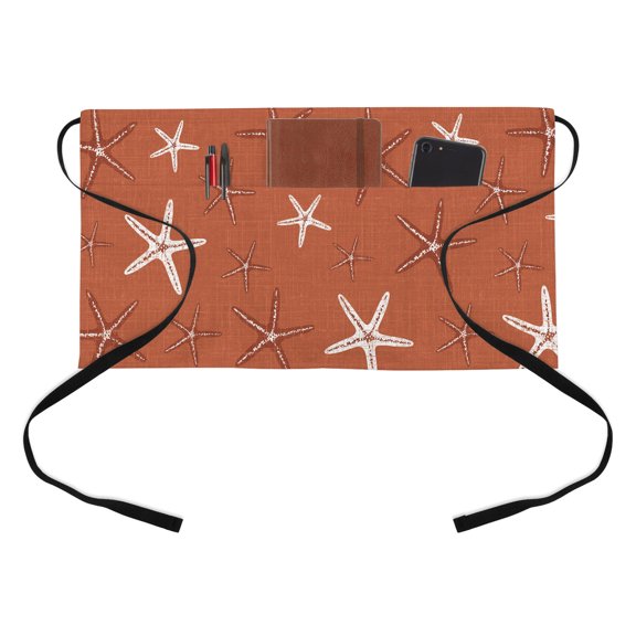 Orange Starfish Kitchen Restaurant Half Waist Apron, Coastal Sea Stars Deep Orange Linen Texture Server Short Apron with 3 Pockets Waterproof Oil Waist Aprons for Women Waitress Waiter