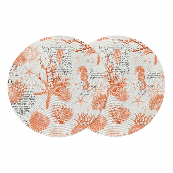 Orange Starfish Round 13 Inch Placemats Set of 2, Rustic Ocean Coastal Shells Conch Coral HeatResistant Non Slip Place Mats for Dining Table, Wipeable Braided Kitchen Table Mats for Housewarming