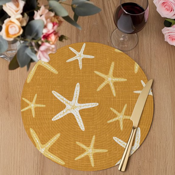 Orange Starfish Round Braided Placemats Set of 2, Cluster Tropical Sunset Coastal Fire Orange Heat Insulation Place Mats Washable Non-Slip Table Mats for Kitchen Dining Party, 15 Inches
