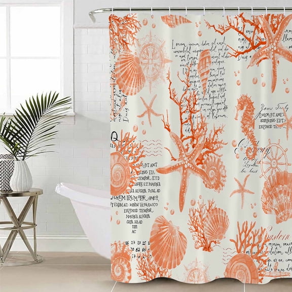 Orange Starfish Shower Curtain Set, Waterproof Shower Curtains for Bathroom, Rustic Ocean Coastal Shells Conch Coral Washable Fabric Cloth Bath Curtain for Bathtub Decoration with Hooks 60x72 Inches