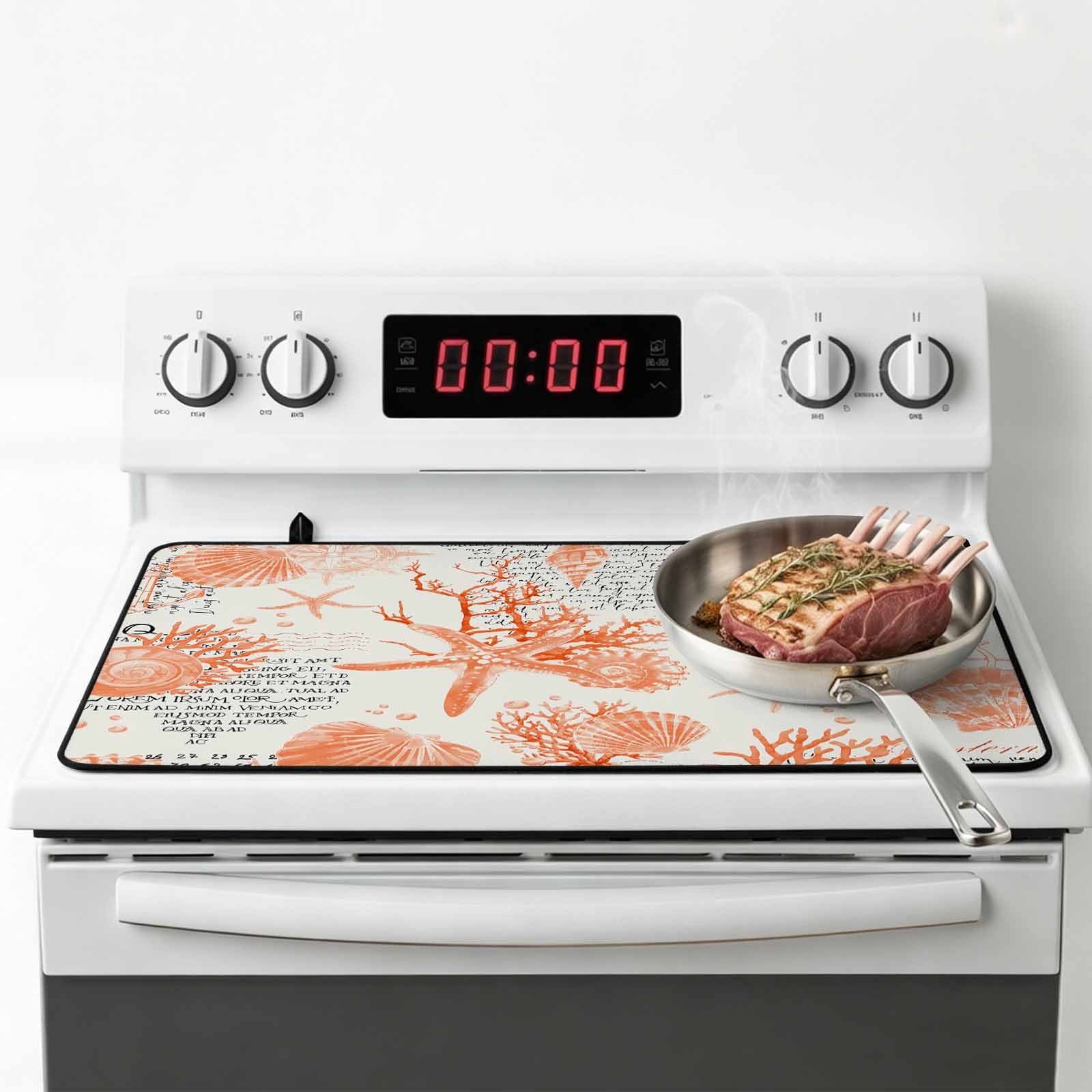 Orange Starfish Stove Top Cover for Electric Stove, Heat-proof & Non Slip Glass Top Stove Cover Protector, Rustic Ocean Coastal Shells Conch Coral Kitchen Flat Cooktop Rubber Mat 31x24 Inches