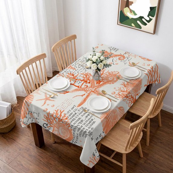 Orange Starfish Table Cloth Waterproof Tablecloths, Rustic Ocean Coastal Shells Conch Coral Tablecloth Dining Table Cover for Kitchen Party Tabletop Outdoor, Rectangle Tablecloth 60x102 Inch