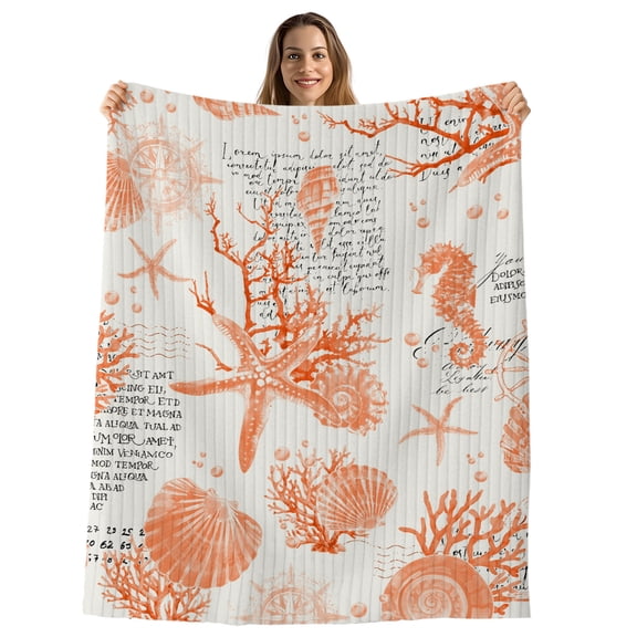 Orange Starfish Throw Blanket, Flannel Fleece Blanket with Striped Design for Couch, Rustic Ocean Coastal Shells Conch Coral Soft Breathable All Season Plush Blankets for Sofa Office Chair 30"x40"