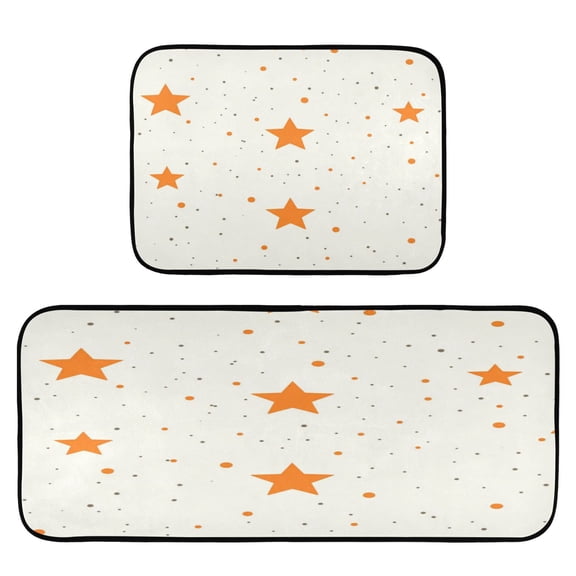 Orange Stars Pattern 2-Piece Kitchen Carpet Mat Set, Non-Slip Memory Foam, Soft for Kitchen and Living Room Use