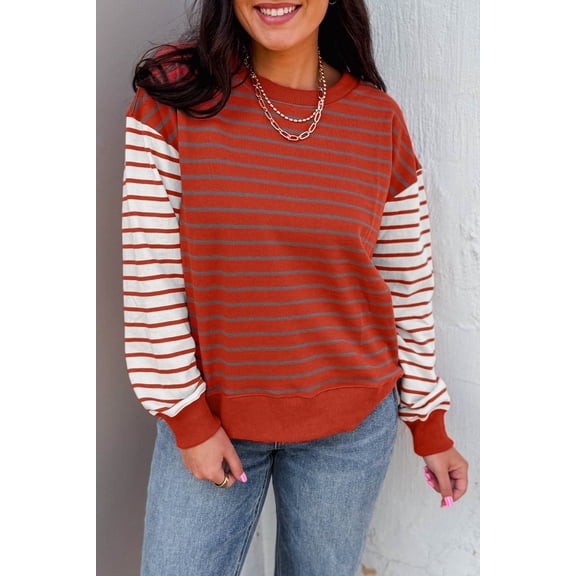 Orange Stripe Contrast Sleeve Patchwork Drop Shoulder Long Sleeve Sweatshirt