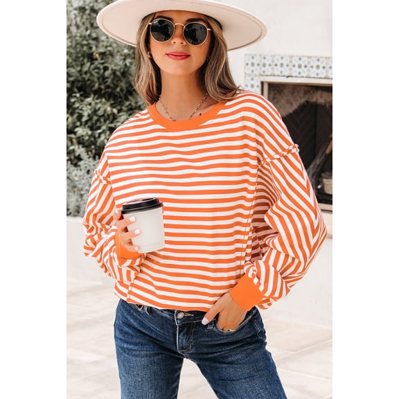 Orange Stripe Exposed Seam Drop Shoulder Casual Pullover Top
