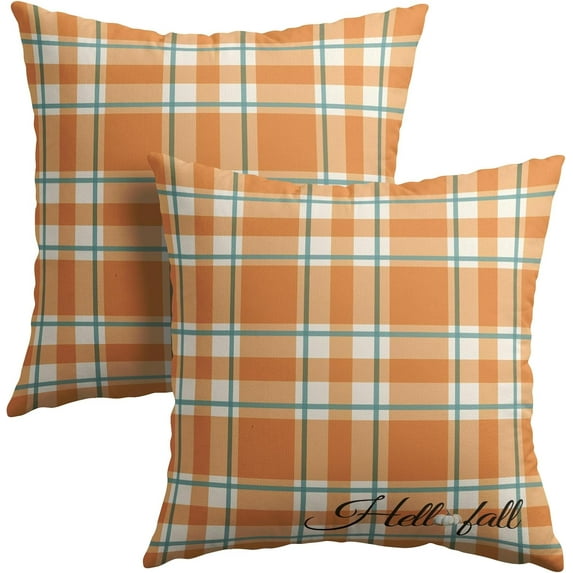 Orange Stripe Fall Throw Pillow Cover 16x16 Inch Set of 2 Hello Fall Stripes Buffalo Plaid Decorative Pillow Protector Pumpkin Autumn Thanksgiving Cushion Case for Home Sofa Porch