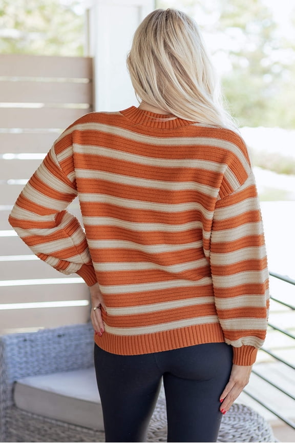Orange Stripe Ribbed Trim Drop Shoulder Sweater