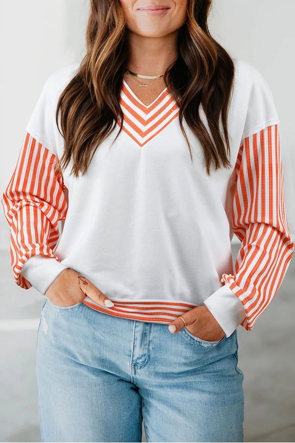 Orange Stripe V Neck Drop Shoulder Patchwork Long Sleeve Top